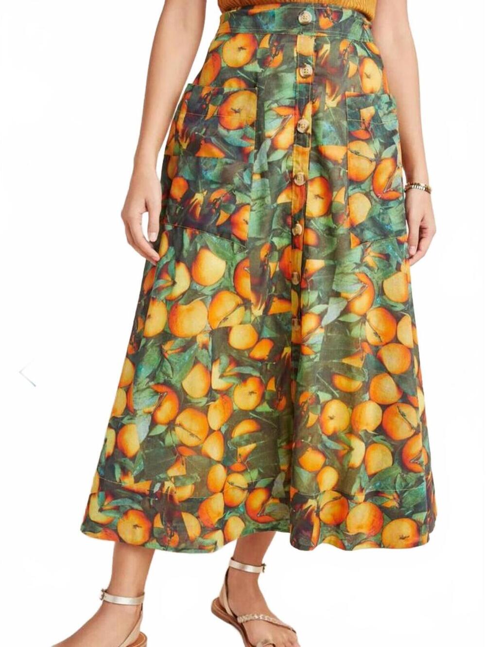 Maeve Anthropologie Orange Citrus Print Midi Skirt Size 8 Summer Orchard